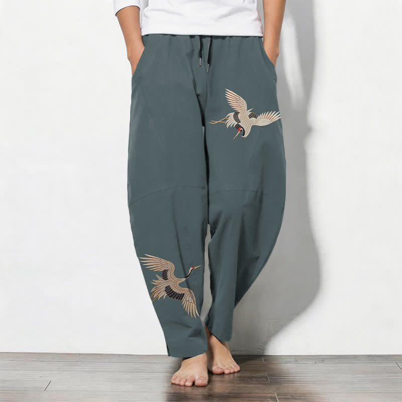 Buddha Stones Pure Cotton Twin Crane Pattern Drawstring Men's Tapered Pants With Pockets - CadetBlue - US/UK/AU50,EU60 (5XL) - image 7