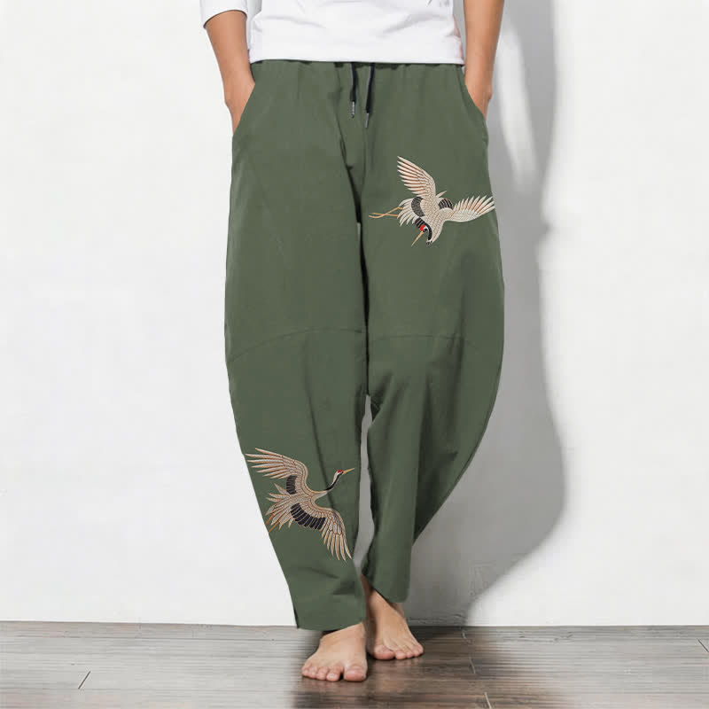 Buddha Stones Pure Cotton Twin Crane Pattern Drawstring Men's Tapered Pants With Pockets - DarkOliveGreen - US/UK/AU50,EU60 (5XL) - image 11
