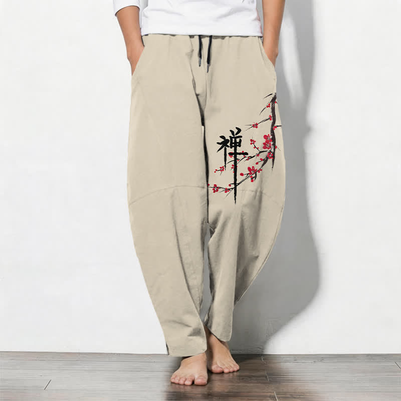 Buddha Stones Pure Cotton Zen Plum Blossom Pattern Drawstring Men's Tapered Pants With Pockets - Beige - US/UK/AU50,EU60 (5XL) - image 0