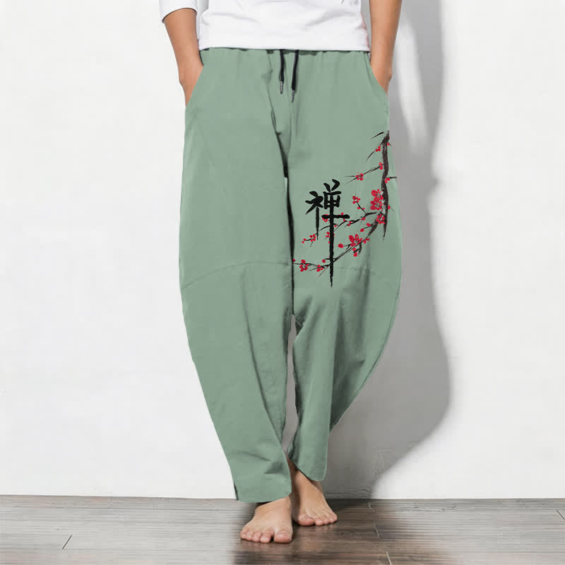 Buddha Stones Pure Cotton Zen Plum Blossom Pattern Drawstring Men's Tapered Pants With Pockets - DarkSeaGreen - US/UK/AU50,EU60 (5XL) - image 7