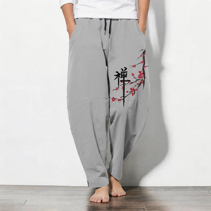 Buddha Stones Pure Cotton Zen Plum Blossom Pattern Drawstring Men's Tapered Pants With Pockets - LightGrey - US/UK/AU50,EU60 (5XL) - image 11