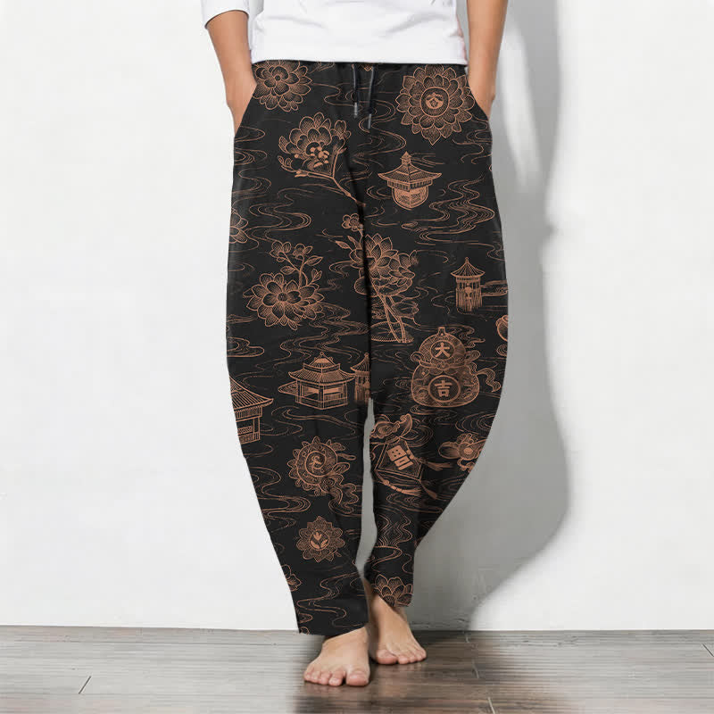 Buddha Stones Pure Cotton Lotus Pavilion Cloud Pattern Drawstring Men's Tapered Pants With Pockets - Black - US/UK/AU50,EU60 (5XL) - image 7