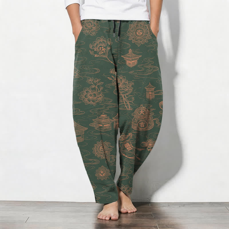 Buddha Stones Pure Cotton Lotus Pavilion Cloud Pattern Drawstring Men's Tapered Pants With Pockets - DarkGreen - US/UK/AU50,EU60 (5XL) - image 11