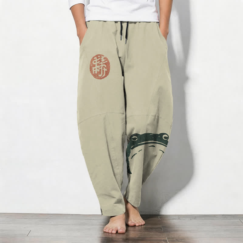Buddha Stones Pure Cotton Seal Frog Pattern Drawstring Men's Tapered Pants With Pockets - Beige - US/UK/AU50,EU60 (5XL) - image 0