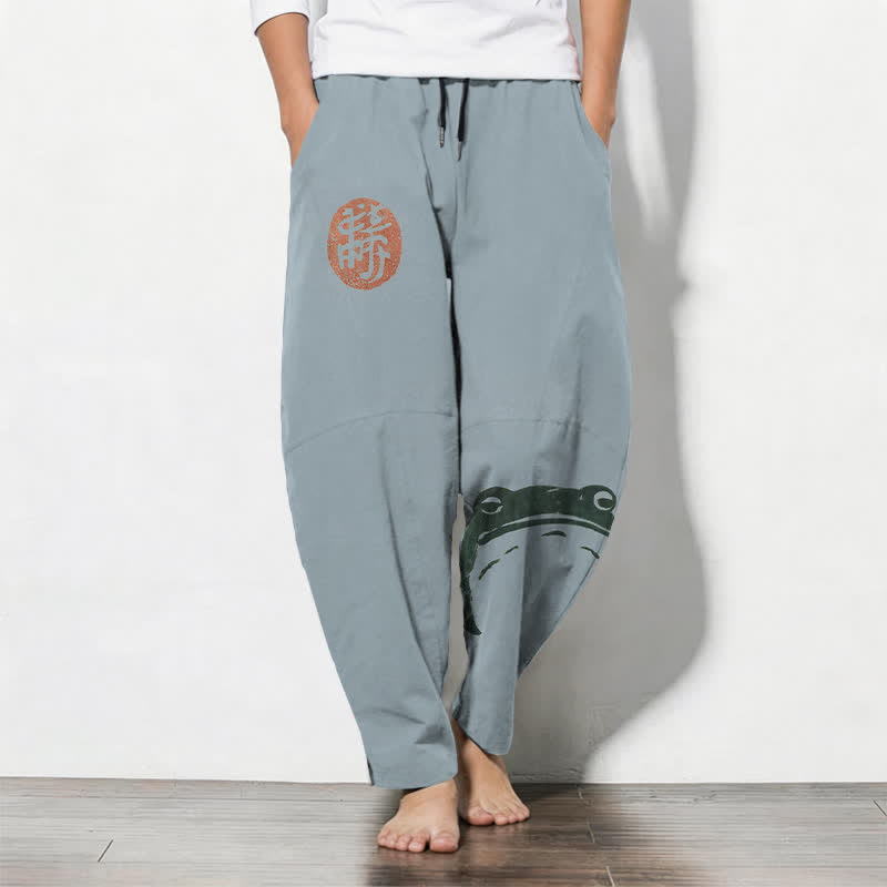 Buddha Stones Pure Cotton Seal Frog Pattern Drawstring Men's Tapered Pants With Pockets - LightSteelBlue - US/UK/AU50,EU60 (5XL) - image 7