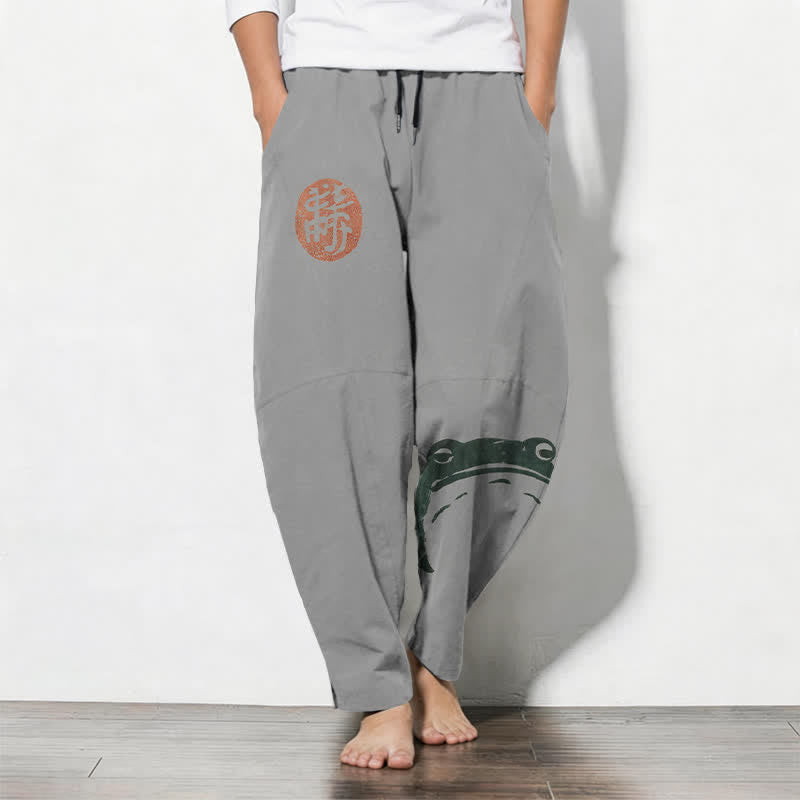 Buddha Stones Pure Cotton Seal Frog Pattern Drawstring Men's Tapered Pants With Pockets - LightGrey - US/UK/AU50,EU60 (5XL) - image 11