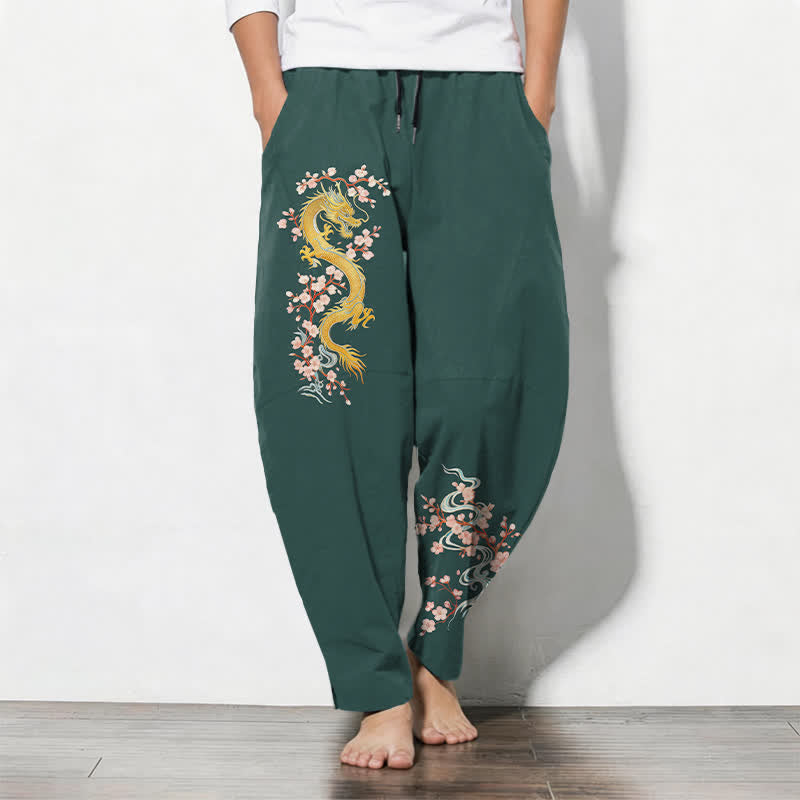 Buddha Stones Pure Cotton Golden Dragon Blossom Pattern Drawstring Men's Tapered Pants With Pockets - SeaGreen - US/UK/AU50,EU60 (5XL) - image 0