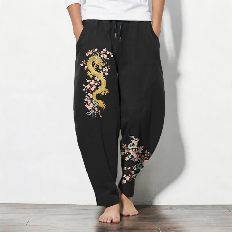 Buddha Stones Pure Cotton Golden Dragon Blossom Pattern Drawstring Men's Tapered Pants With Pockets - Black - US/UK/AU50,EU60 (5XL) - image 7