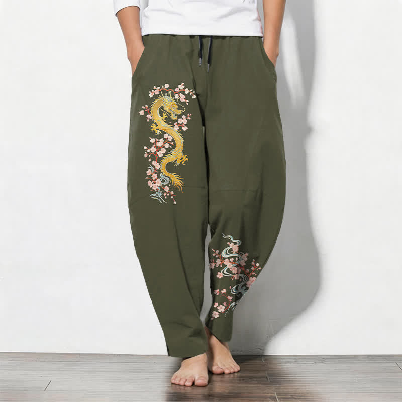 Buddha Stones Pure Cotton Golden Dragon Blossom Pattern Drawstring Men's Tapered Pants With Pockets - DarkOliveGreen - US/UK/AU50,EU60 (5XL) - image 11