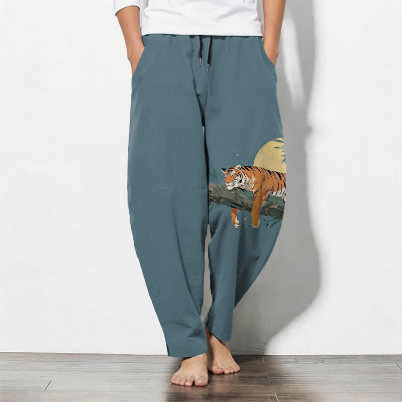 Buddha Stones Pure Cotton Reclining Tiger Moon Pattern Drawstring Men's Tapered Pants With Pockets - CadetBlue - US/UK/AU50,EU60 (5XL) - image 0