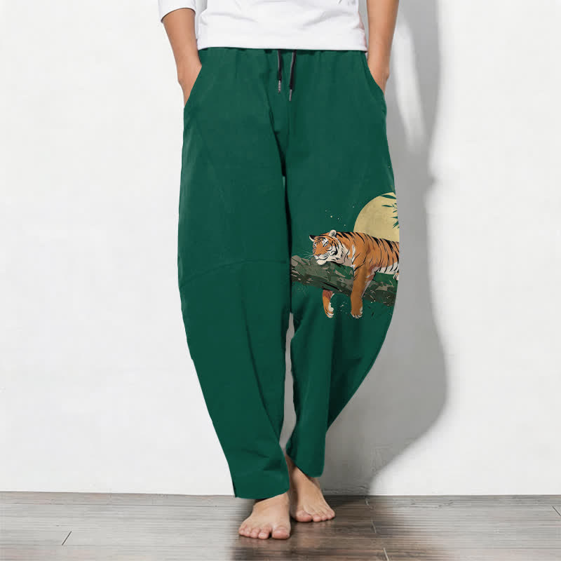 Buddha Stones Pure Cotton Reclining Tiger Moon Pattern Drawstring Men's Tapered Pants With Pockets - Green - US/UK/AU50,EU60 (5XL) - image 7