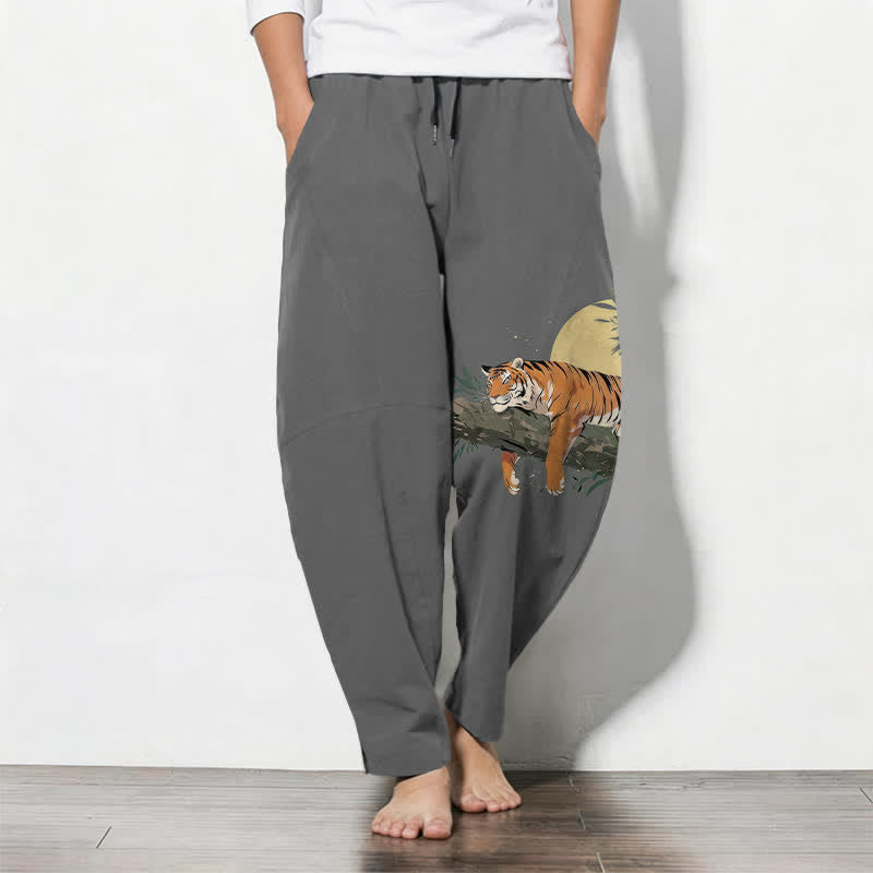 Buddha Stones Pure Cotton Reclining Tiger Moon Pattern Drawstring Men's Tapered Pants With Pockets - Gray - US/UK/AU50,EU60 (5XL) - image 11