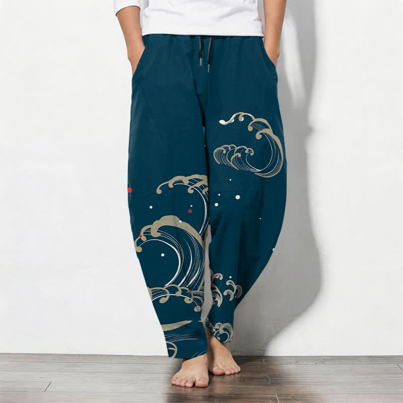 Buddha Stones Pure Cotton Ocean Tide Wave Pattern Drawstring Men's Tapered Pants With Pockets - Teal - US/UK/AU50,EU60 (5XL) - image 0