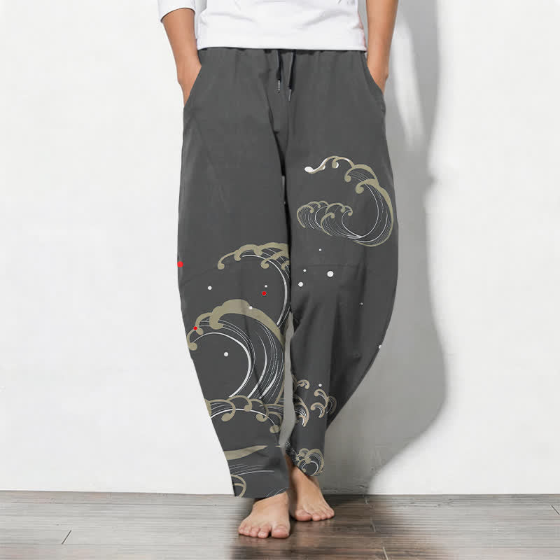 Buddha Stones Pure Cotton Ocean Tide Wave Pattern Drawstring Men's Tapered Pants With Pockets - DimGray - US/UK/AU50,EU60 (5XL) - image 7
