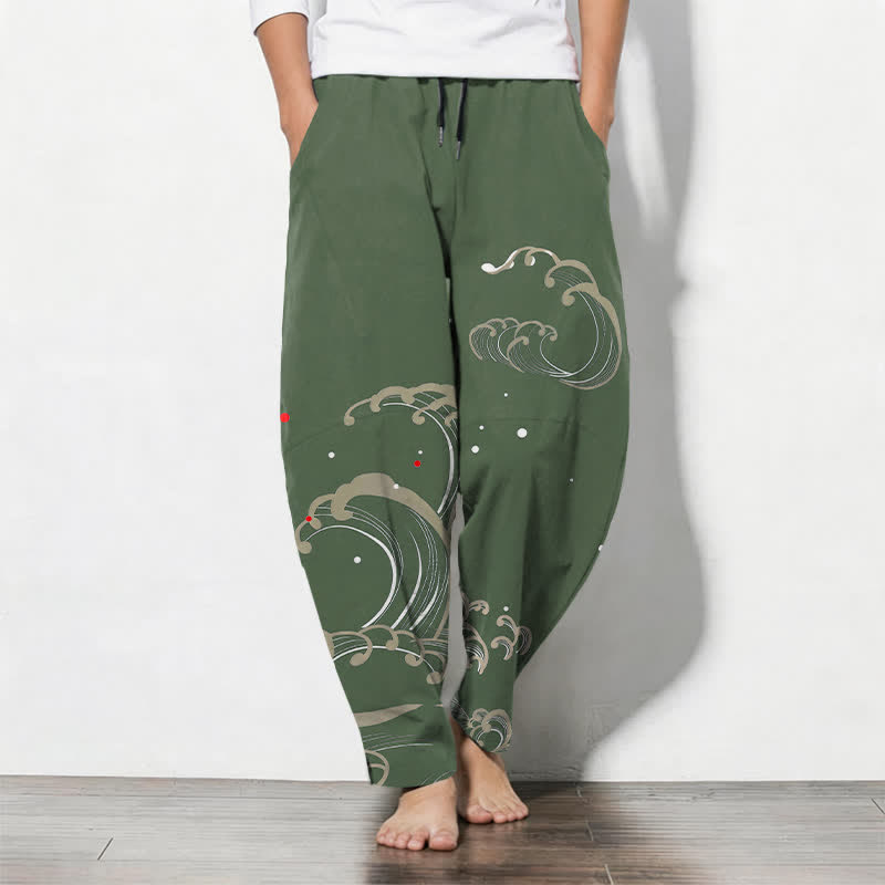 Buddha Stones Pure Cotton Ocean Tide Wave Pattern Drawstring Men's Tapered Pants With Pockets - DarkOliveGreen - US/UK/AU50,EU60 (5XL) - image 11