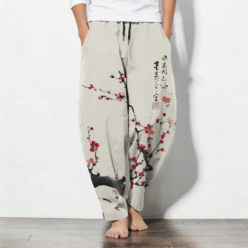 Buddha Stones Pure Cotton Calligraphy Plum Blossom Pattern Drawstring Men's Tapered Pants With Pockets - Beige - US/UK/AU50,EU60 (5XL) - image 0