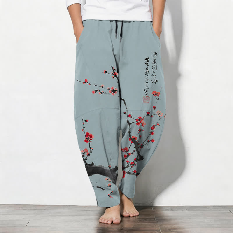 Buddha Stones Pure Cotton Calligraphy Plum Blossom Pattern Drawstring Men's Tapered Pants With Pockets - LightSteelBlue - US/UK/AU50,EU60 (5XL) - image 7