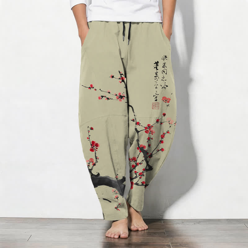 Buddha Stones Pure Cotton Calligraphy Plum Blossom Pattern Drawstring Men's Tapered Pants With Pockets - DarkKhaki - US/UK/AU50,EU60 (5XL) - image 11