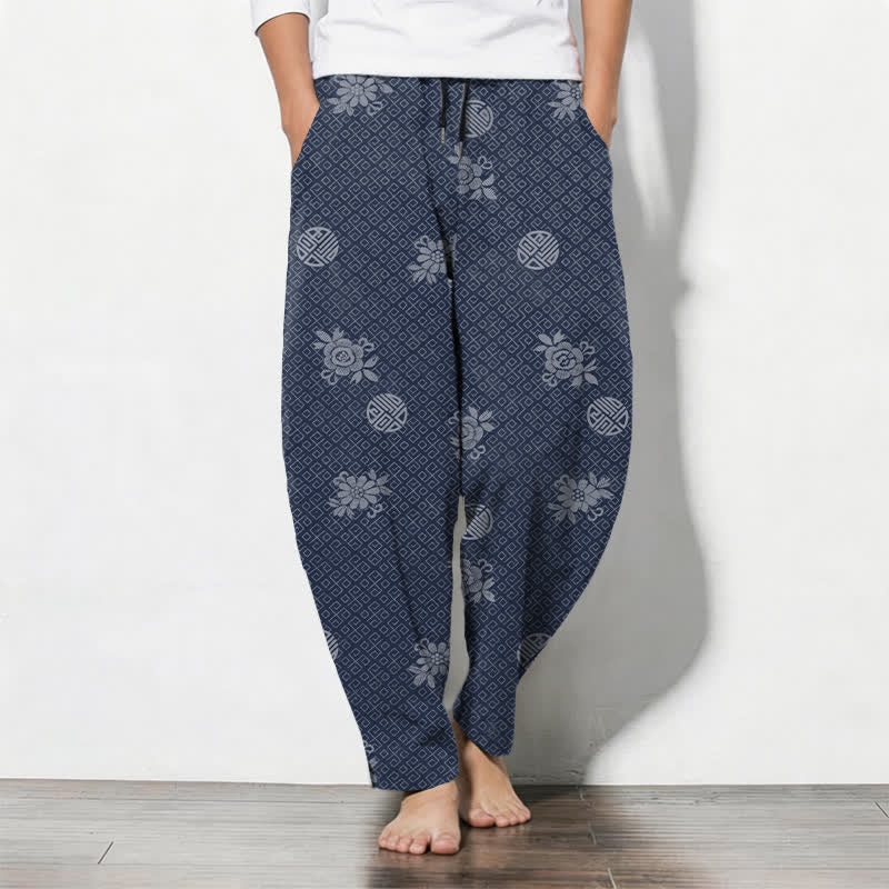 Buddha Stones Pure Cotton Floral Medallion Pattern Drawstring Men's Tapered Pants With Pockets - Navy - US/UK/AU50,EU60 (5XL) - image 7