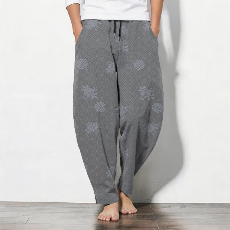 Buddha Stones Pure Cotton Floral Medallion Pattern Drawstring Men's Tapered Pants With Pockets - DarkGray - US/UK/AU50,EU60 (5XL) - image 11