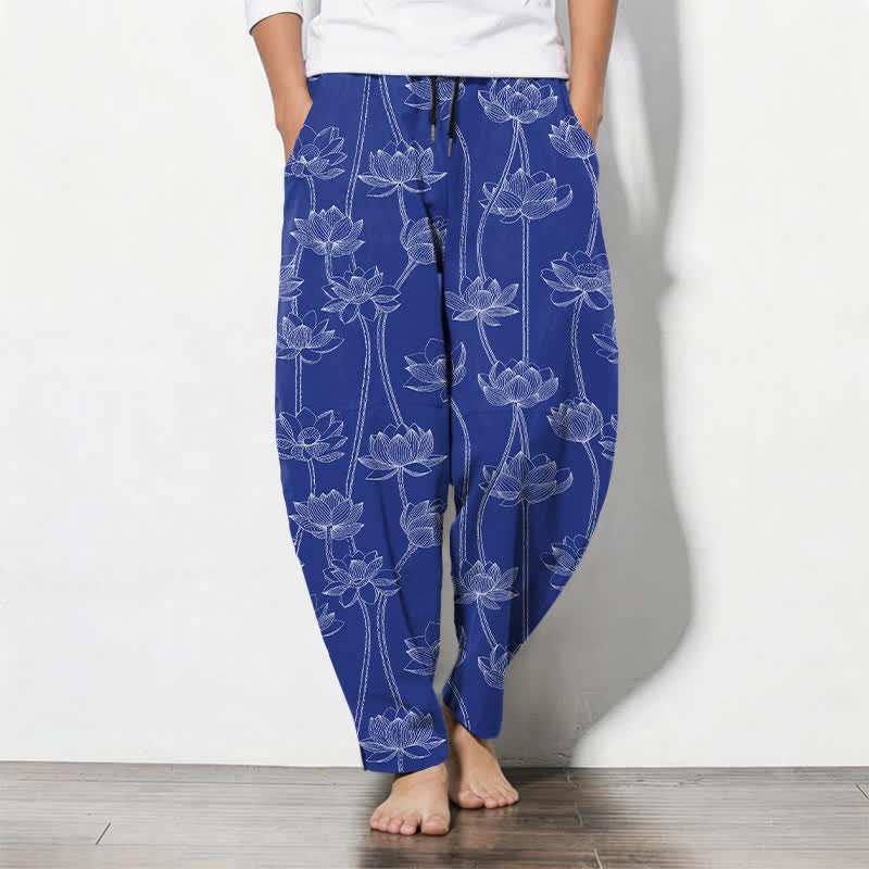 Buddha Stones Pure Cotton White Lotus Line Art Pattern Drawstring Men's Tapered Pants With Pockets - RoyalBlue - US/UK/AU50,EU60 (5XL) - image 0