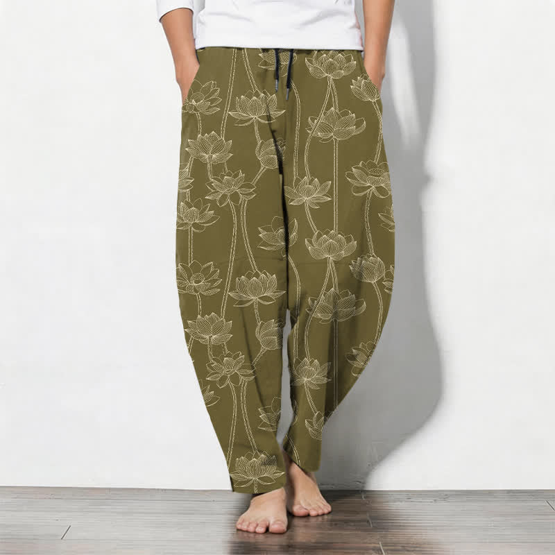 Buddha Stones Pure Cotton White Lotus Line Art Pattern Drawstring Men's Tapered Pants With Pockets - Olive - US/UK/AU50,EU60 (5XL) - image 7