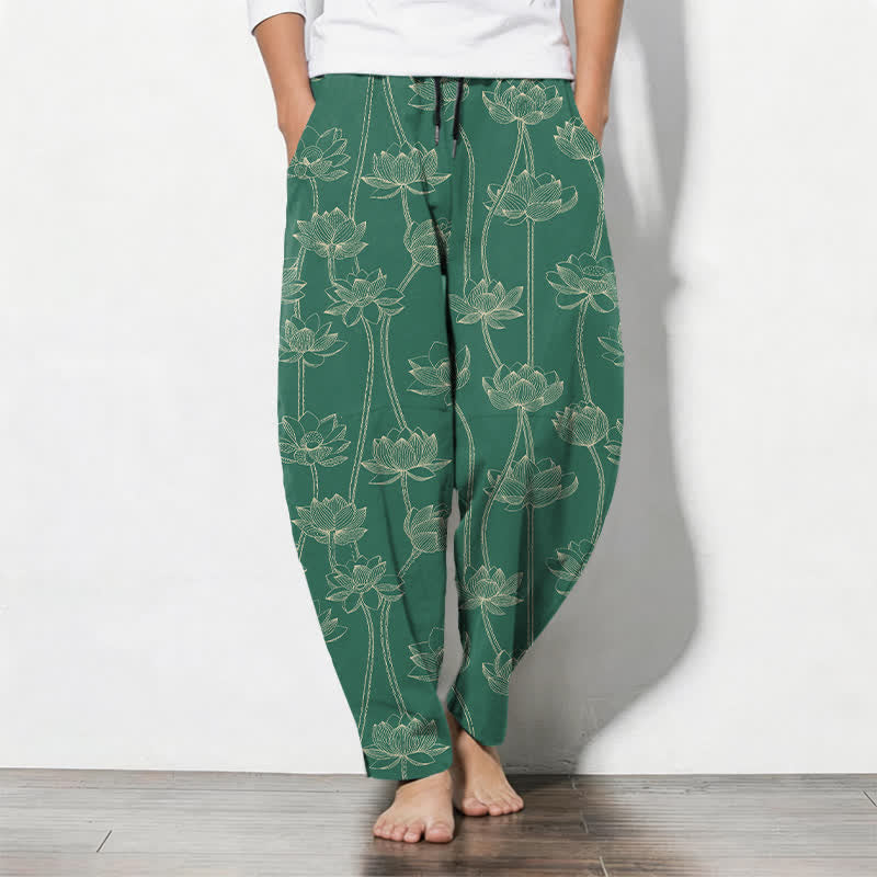 Buddha Stones Pure Cotton White Lotus Line Art Pattern Drawstring Men's Tapered Pants With Pockets - SeaGreen - US/UK/AU50,EU60 (5XL) - image 11
