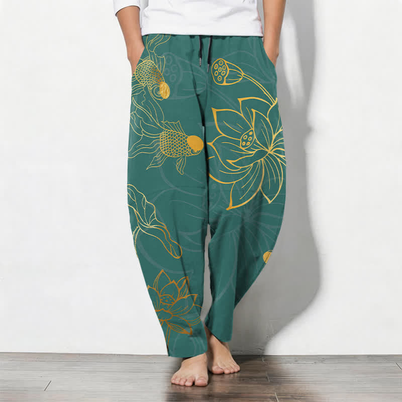 Buddha Stones Pure Cotton Golden Lotus Koi Pattern Drawstring Men's Tapered Pants With Pockets - Teal - US/UK/AU50,EU60 (5XL) - image 0