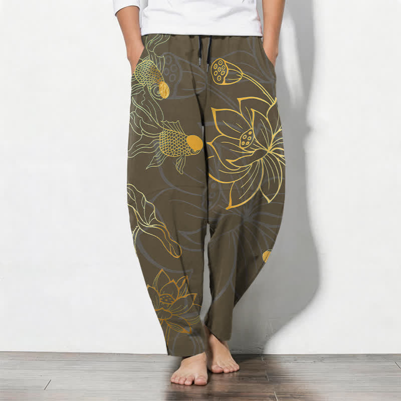 Buddha Stones Pure Cotton Golden Lotus Koi Pattern Drawstring Men's Tapered Pants With Pockets - SaddleBrown - US/UK/AU50,EU60 (5XL) - image 11