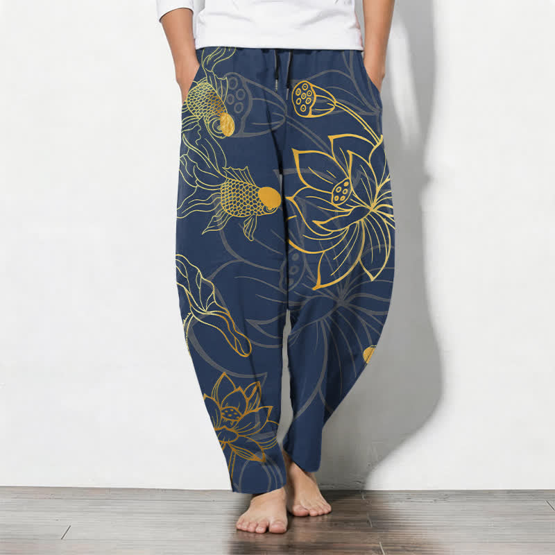 Buddha Stones Pure Cotton Golden Lotus Koi Pattern Drawstring Men's Tapered Pants With Pockets - Navy - US/UK/AU50,EU60 (5XL) - image 7