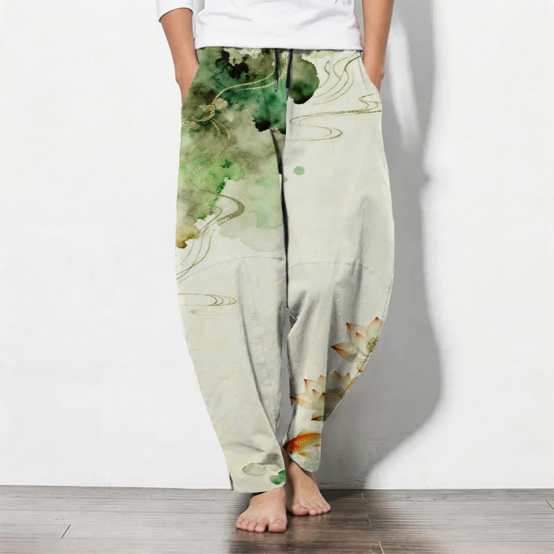 Buddha Stones Pure Cotton Lotus Koi Ink Wash Pattern Drawstring Men's Tapered Pants With Pockets - Honeydew - US/UK/AU50,EU60 (5XL) - image 0