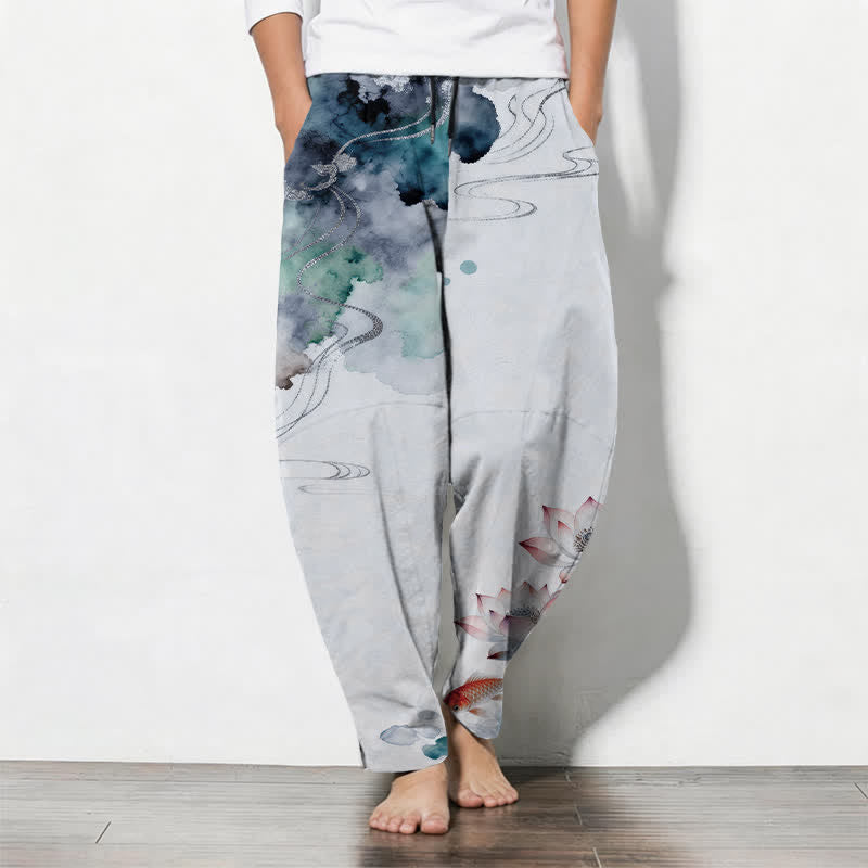 Buddha Stones Pure Cotton Lotus Koi Ink Wash Pattern Drawstring Men's Tapered Pants With Pockets - AliceBlue - US/UK/AU50,EU60 (5XL) - image 11