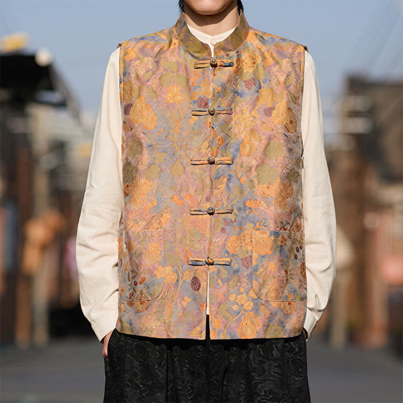 Buddha Stones Spring Summer Fall Tang Style Vintage Mandarin Collar Frog Button Floral Men's Vests With Pockets - BurlyWood - US/UK/AU46,EU56 (5XL) - image 0