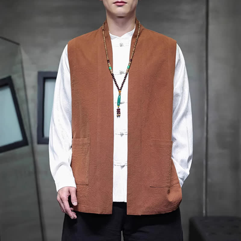 Buddha Stones Spring Summer Fall Tang Style Casual Patch Pocket Solid Cotton Men's Vests With Pocket - Peru - US/UK/AU46,EU56 (5XL) - image 0