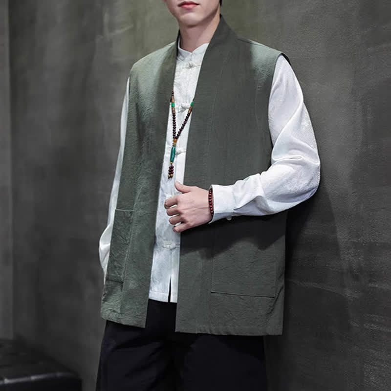 Buddha Stones Spring Summer Fall Tang Style Casual Patch Pocket Solid Cotton Men's Vests With Pocket - DarkOliveGreen - US/UK/AU46,EU56 (5XL) - image 24