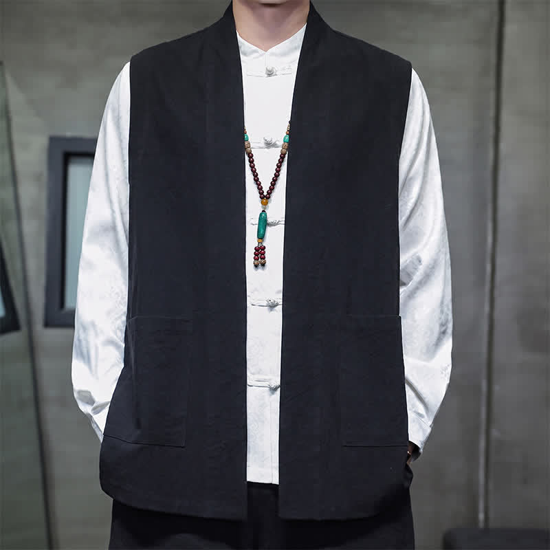 Buddha Stones Spring Summer Fall Tang Style Casual Patch Pocket Solid Cotton Men's Vests With Pocket - Black - US/UK/AU46,EU56 (5XL) - image 14