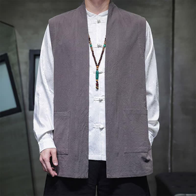 Buddha Stones Spring Summer Fall Tang Style Casual Patch Pocket Solid Cotton Men's Vests With Pocket - Gray - US/UK/AU46,EU56 (5XL) - image 6