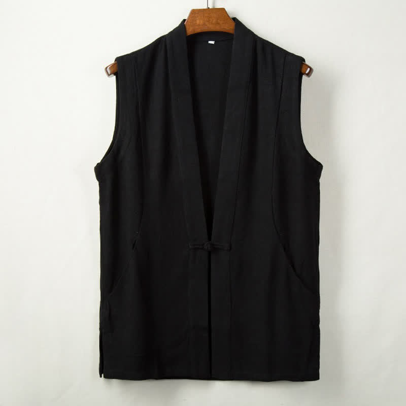 Buddha Stones Spring Summer Fall Tang Style Minimalist Frog Button Solid Cotton Linen Men's Vests With Pocket - Black - US/UK/AU44,EU54 (4XL) - image 2
