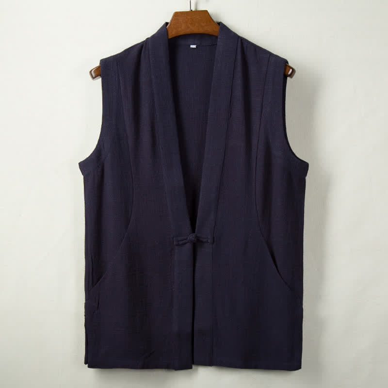 Buddha Stones Spring Summer Fall Tang Style Minimalist Frog Button Solid Cotton Linen Men's Vests With Pocket - MidnightBlue - US/UK/AU44,EU54 (4XL) - image 4