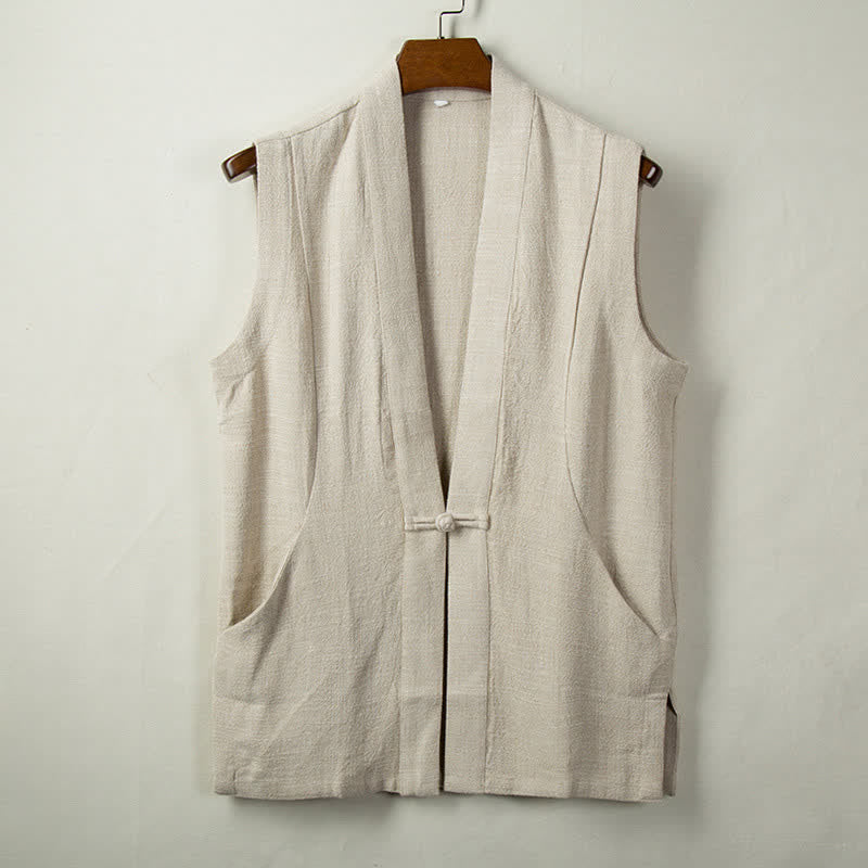 Buddha Stones Spring Summer Fall Tang Style Minimalist Frog Button Solid Cotton Linen Men's Vests With Pocket - Beige - US/UK/AU44,EU54 (4XL) - image 6