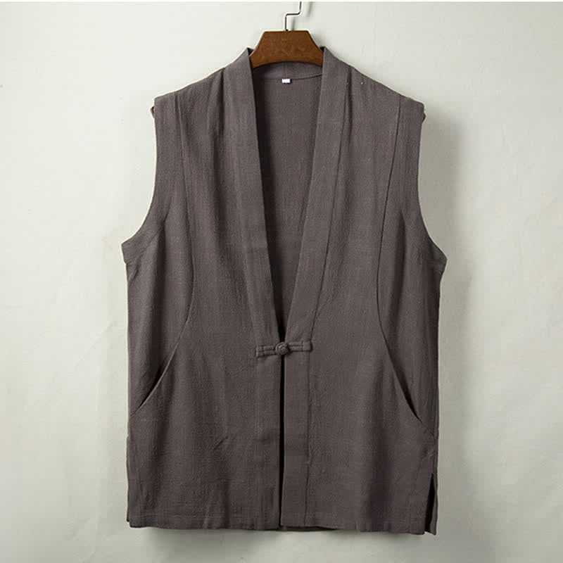 Buddha Stones Spring Summer Fall Tang Style Minimalist Frog Button Solid Cotton Linen Men's Vests With Pocket - DimGray - US/UK/AU44,EU54 (4XL) - image 0