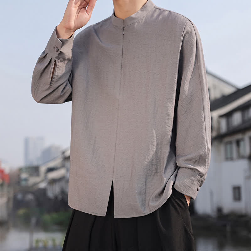 Buddha Stones Spring Summer Casual Minimalist Tang Style Mandarin Collar Solid Men's Long Sleeve Shirts - DarkGray - US/UK/AU46,EU56 (5XL) - image 0