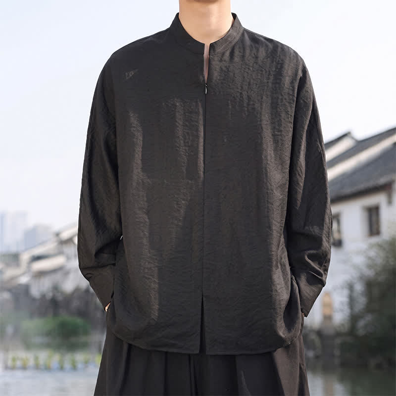 Buddha Stones Spring Summer Casual Minimalist Tang Style Mandarin Collar Solid Men's Long Sleeve Shirts - Black - US/UK/AU46,EU56 (5XL) - image 10
