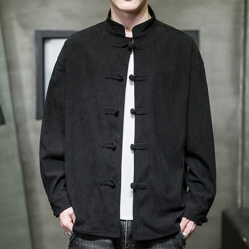 Buddha Stones Fall Winter Casual Tang Style Frog Button Solid Cotton Men's Jacket - Black - US/UK/AU46,EU56 (5XL) - image 17
