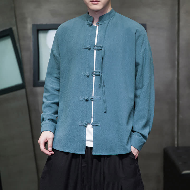 Buddha Stones Fall Winter Tang Style Vintage Frog Button Solid Cotton Linen Men's Jacket - CadetBlue - US/UK/AU46,EU56 (5XL) - image 0