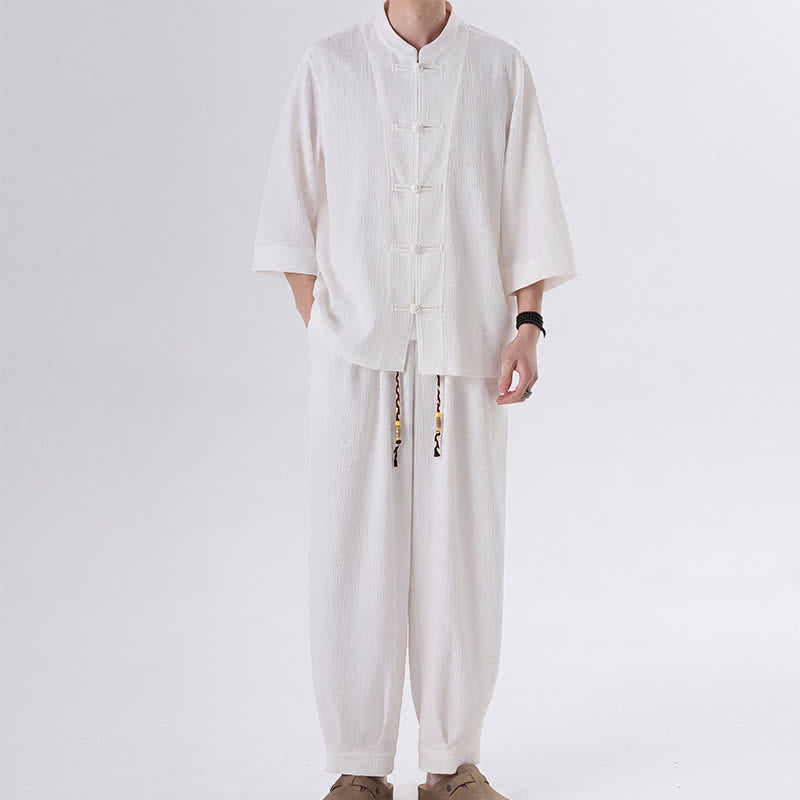 Buddha Stones 2Pcs Spring Tang Style Three-Quarter Sleeve Frog Button Solid Shirt Pants Men's Meditation Cloth With Pocket - White - US/UK/AU46,EU56 (5XL) - image 12
