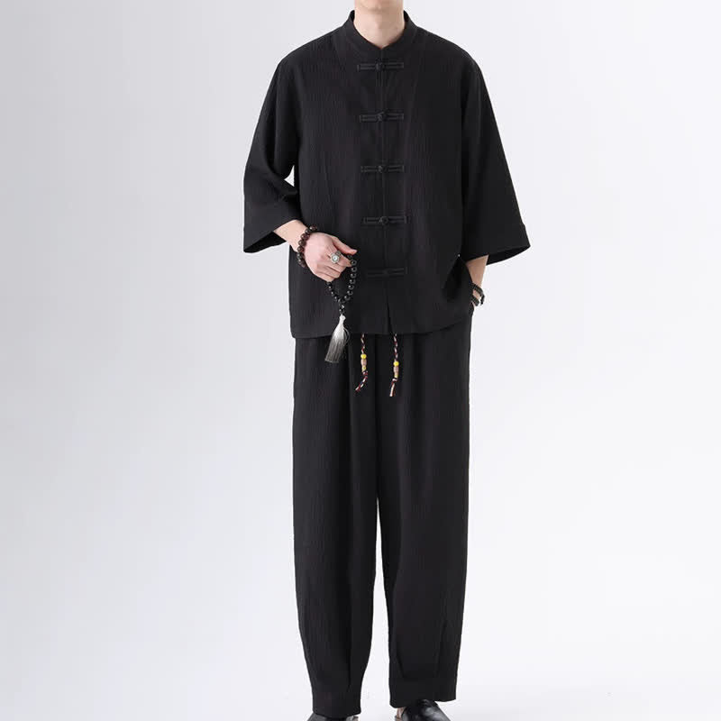 Buddha Stones 2Pcs Spring Tang Style Three-Quarter Sleeve Frog Button Solid Shirt Pants Men's Meditation Cloth With Pocket - Black - US/UK/AU46,EU56 (5XL) - image 0