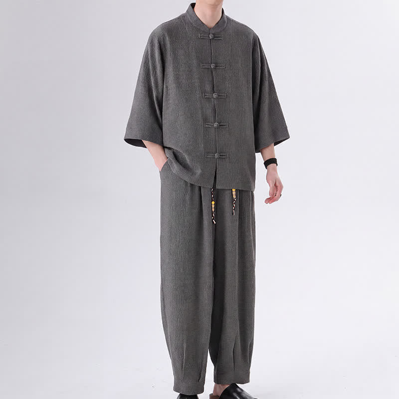 Buddha Stones 2Pcs Spring Tang Style Three-Quarter Sleeve Frog Button Solid Shirt Pants Men's Meditation Cloth With Pocket - DimGray - US/UK/AU46,EU56 (5XL) - image 9