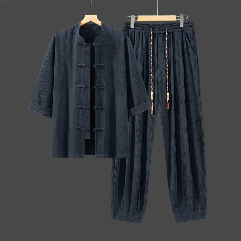 Buddha Stones 2Pcs Spring Tang Style Three-Quarter Sleeve Frog Button Solid Shirt Pants Men's Meditation Cloth With Pocket - MidnightBlue - US/UK/AU46,EU56 (5XL) - image 16