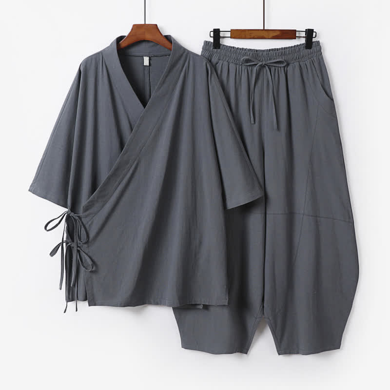 Buddha Stones 2Pcs Spring Summer Minimalist Drawstring Solid Elbow-Length Sleeve Shirt Pants Cotton Men's Meditation Cloth With Pocket - SlateGray - US/UK/AU54,EU64 (9XL) - image 0